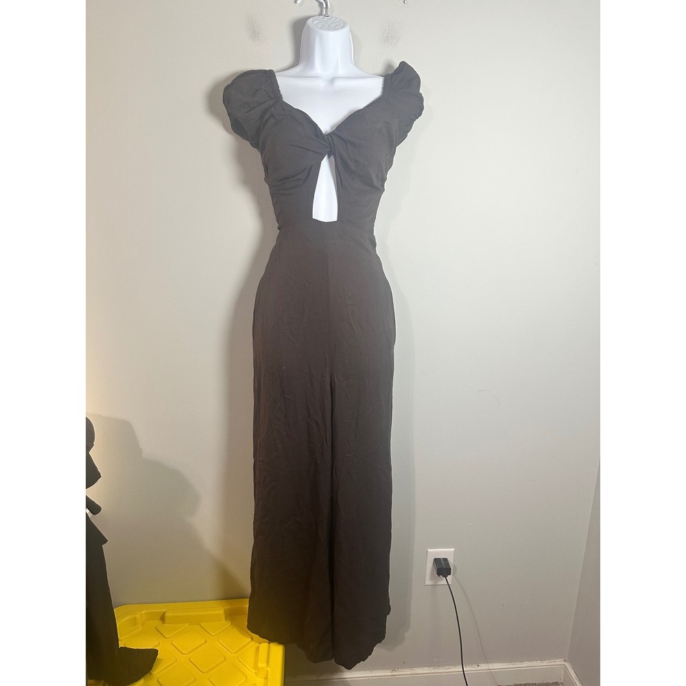 The Wild Melon Brown Cutout Puff Sleeve Wide Leg Jumpsuit Small
